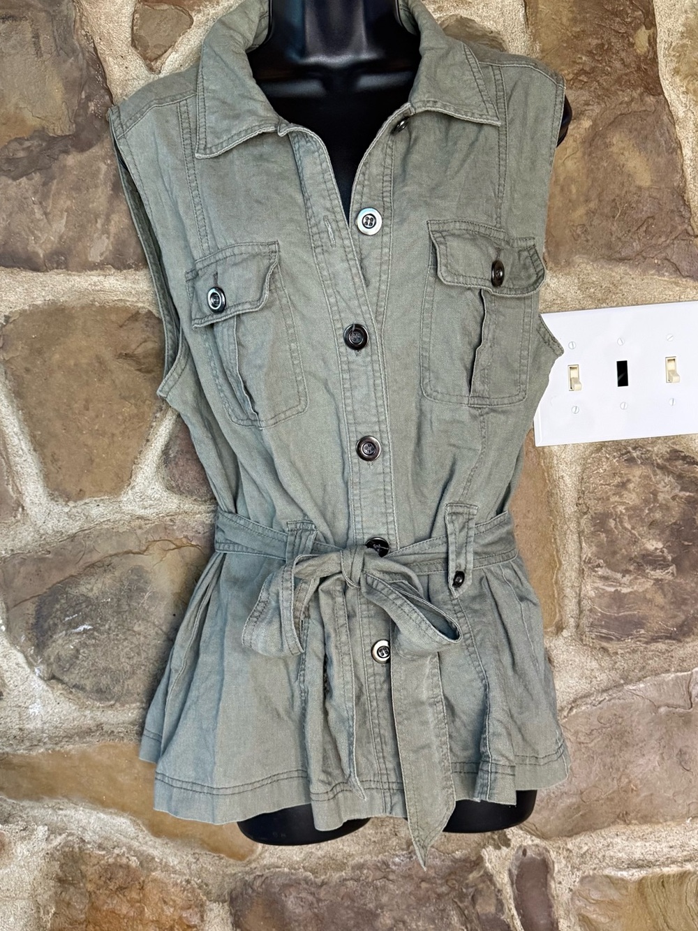 Olive Green Linen-Cotton sleeveless vest with Tie Waist Button Down Collared